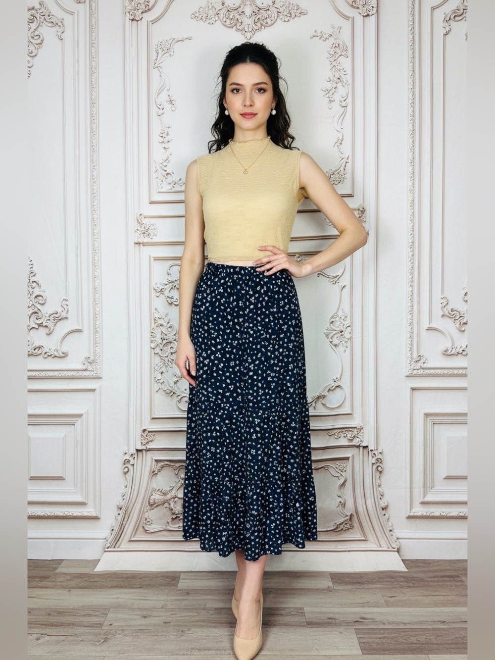 Ambiance Navy Blue Printed Maxi Skirt